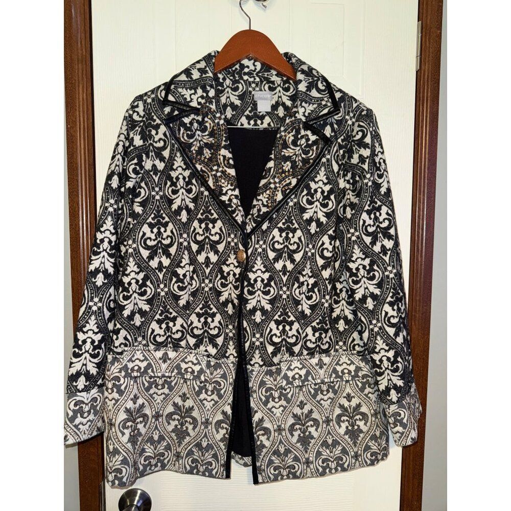 Chico’s Novelty Topper Tapestry Beaded Jacquard One Button Jacket Overcoat Sz Lg